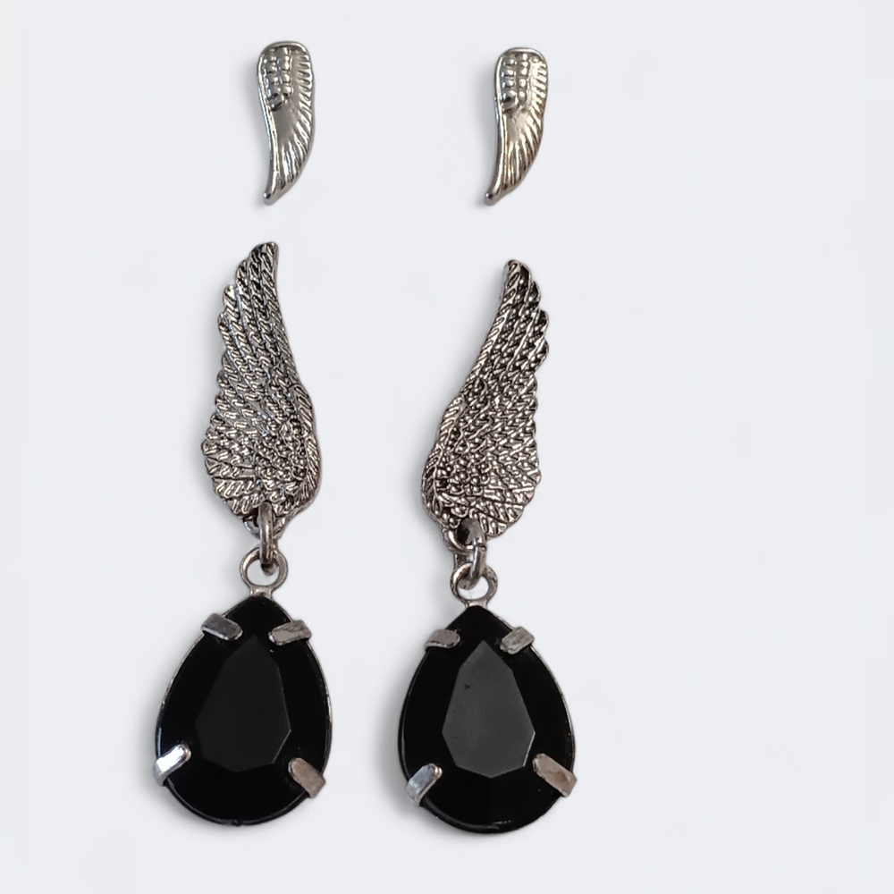 🌟3/$15 Silver and Black Winged Earring Set
